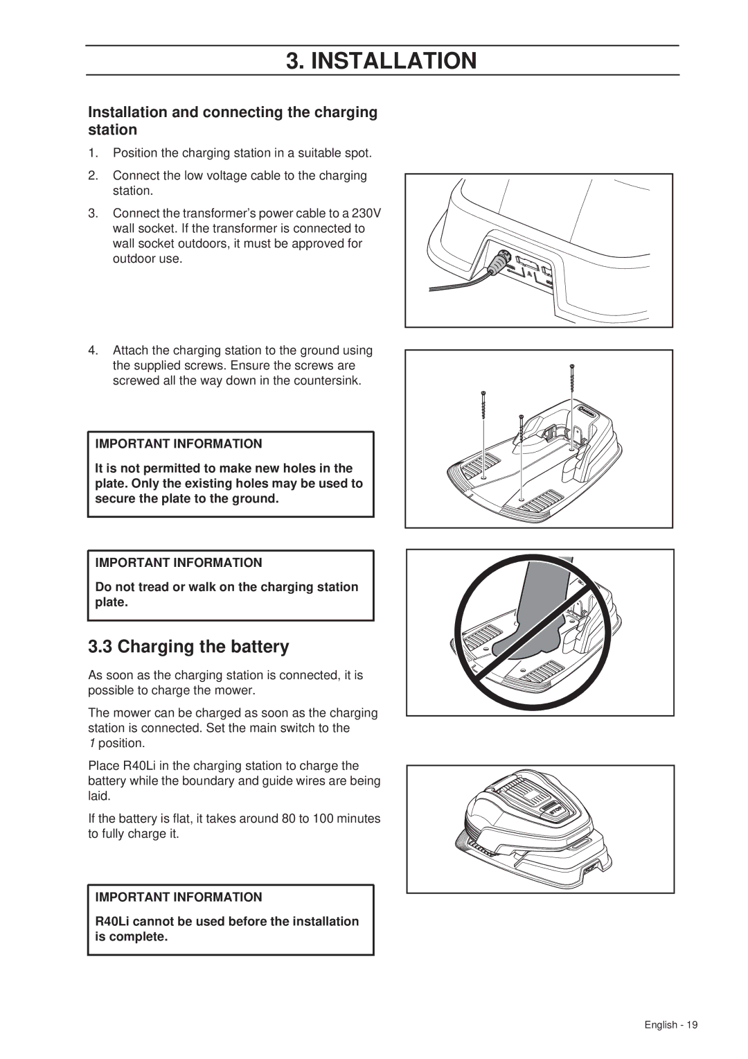 Gardena R40Li manual Charging the battery, Installation and connecting the charging station 