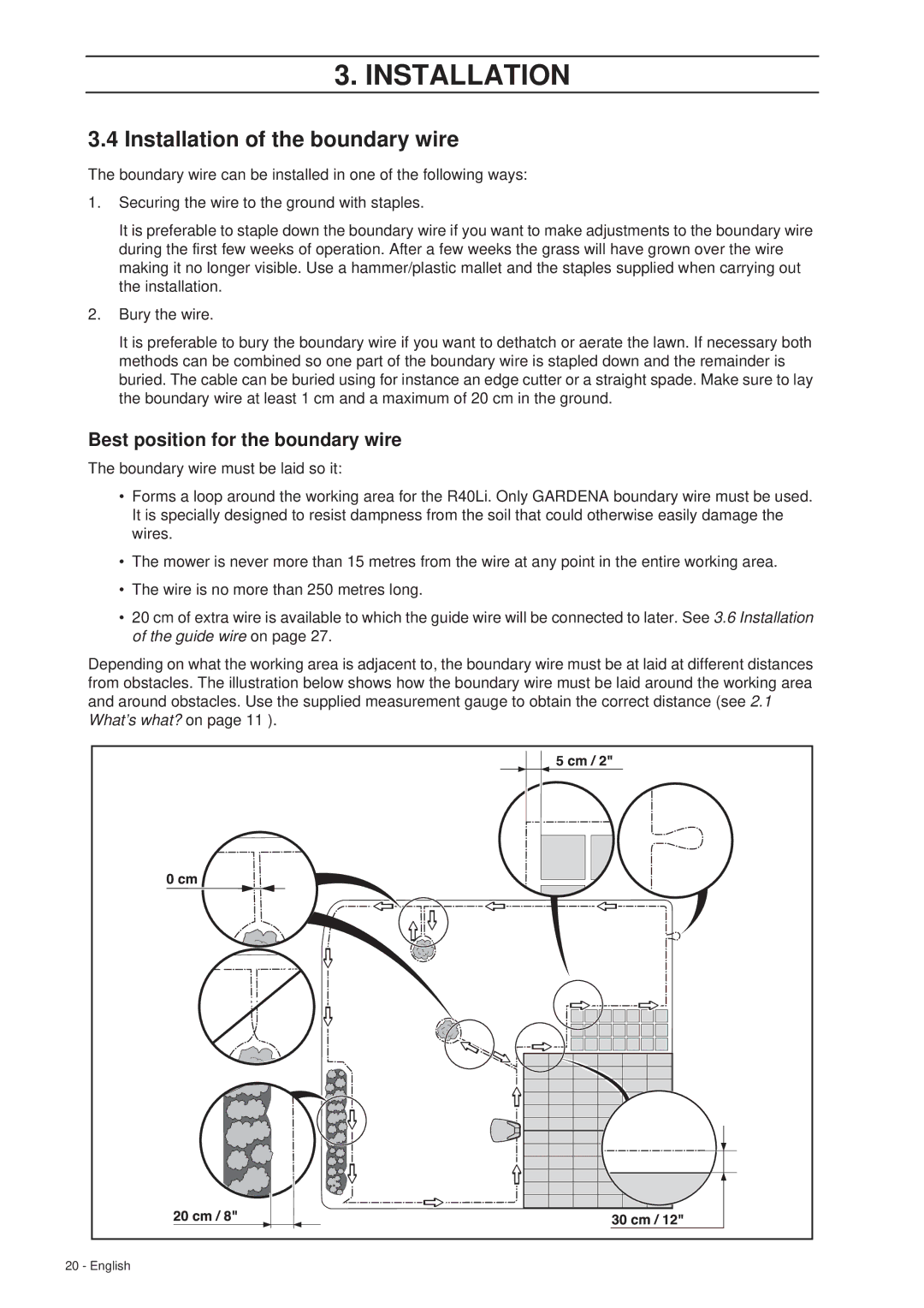 Gardena R40Li manual Installation of the boundary wire, Best position for the boundary wire 