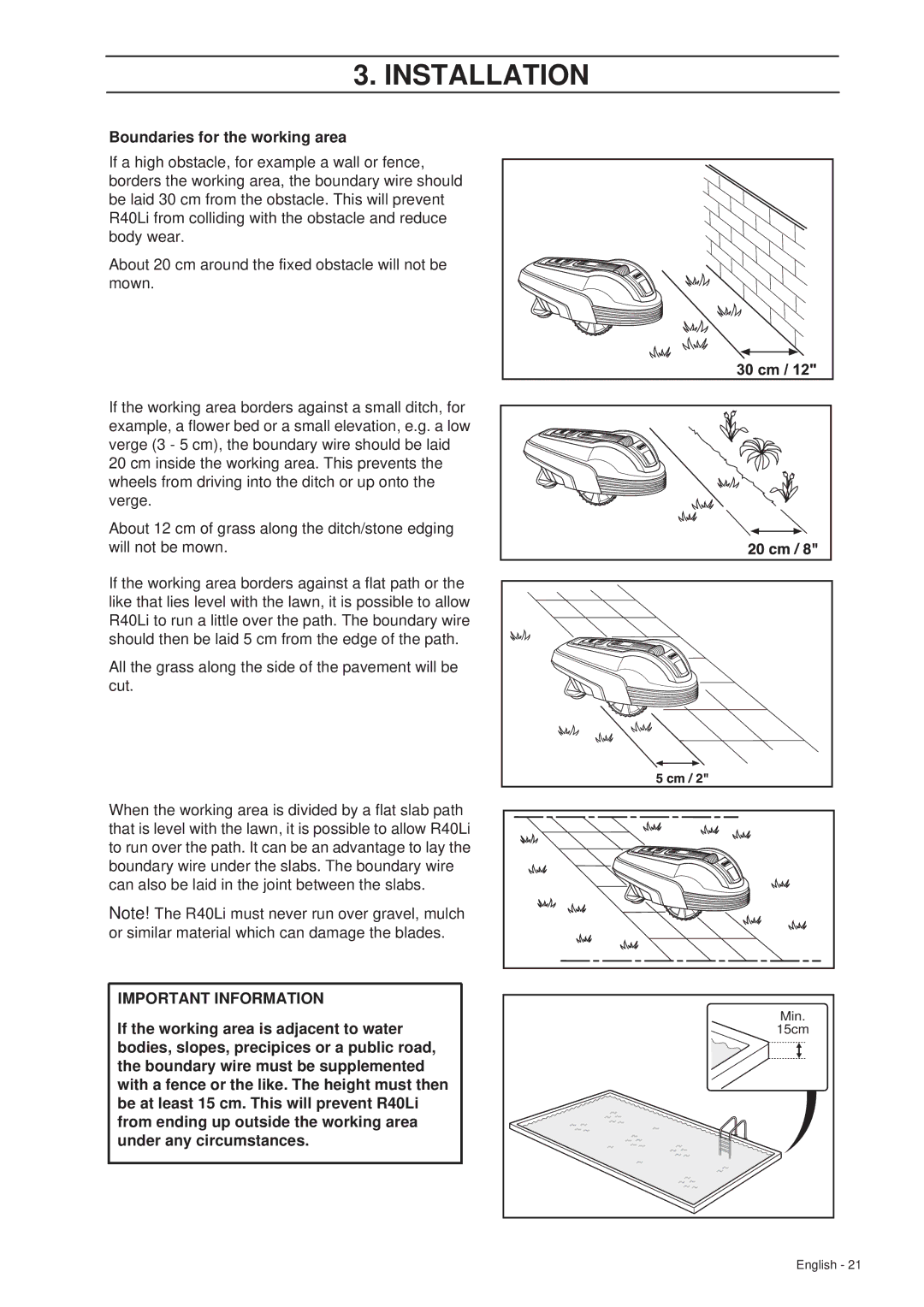 Gardena R40Li manual Boundaries for the working area 