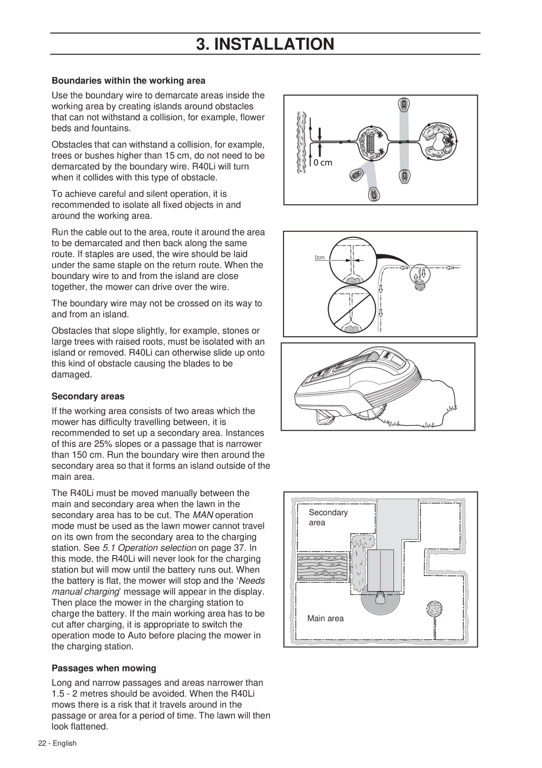 Gardena R40Li manual Boundaries within the working area, Secondary areas, Passages when mowing 