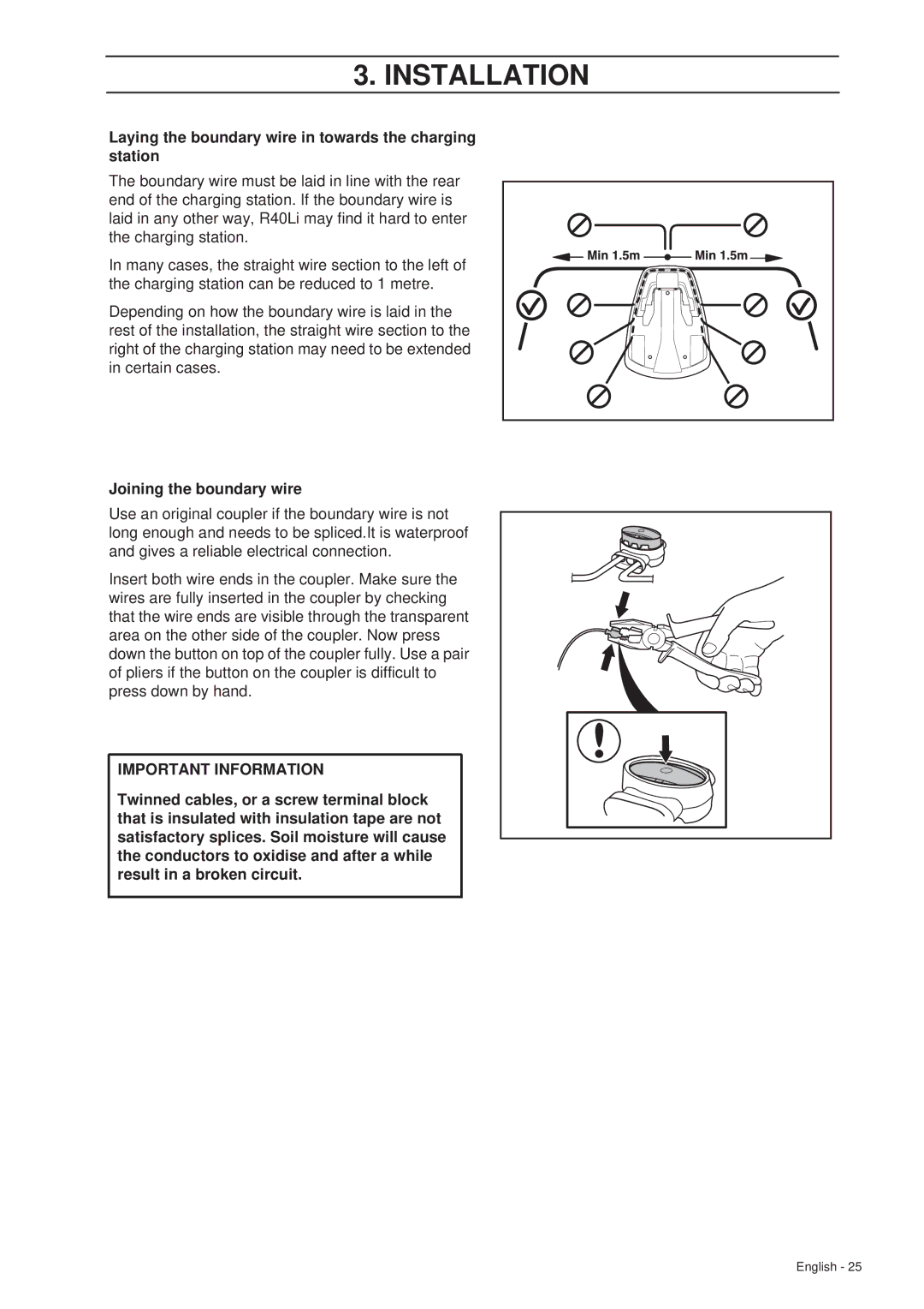 Gardena R40Li manual Laying the boundary wire in towards the charging station, Joining the boundary wire 