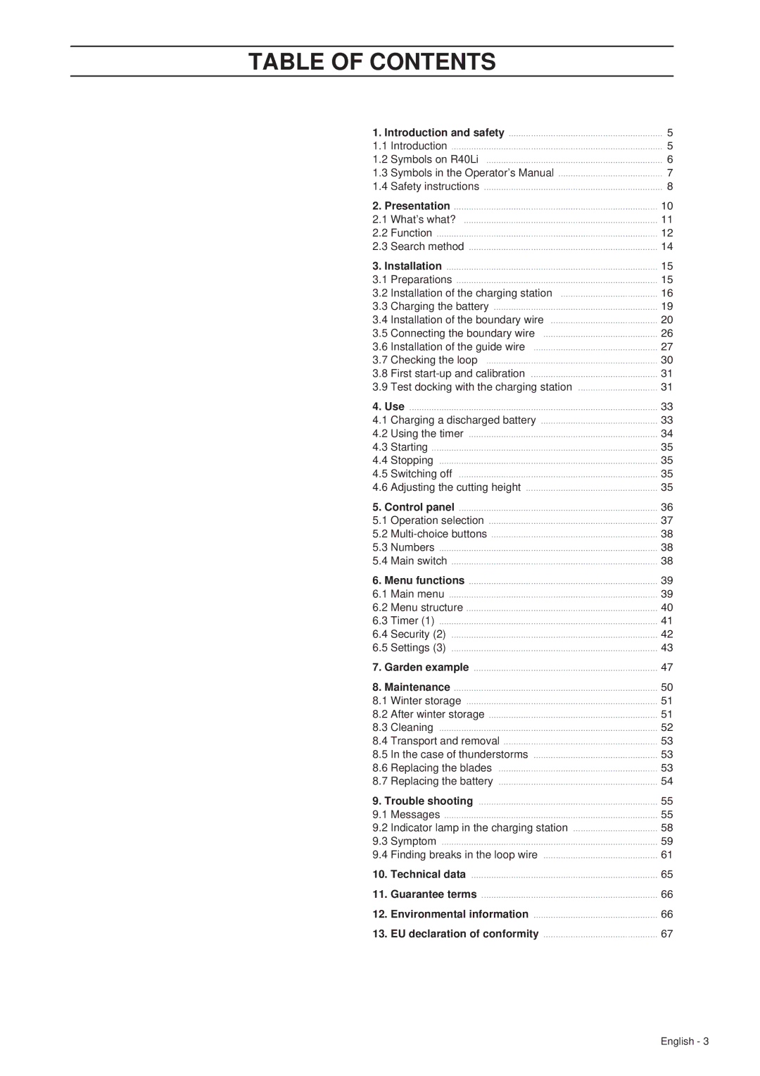 Gardena R40Li manual Table of Contents 