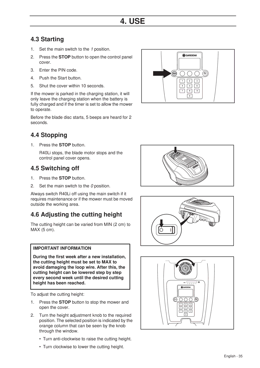 Gardena R40Li manual Starting, Stopping, Switching off, Adjusting the cutting height 