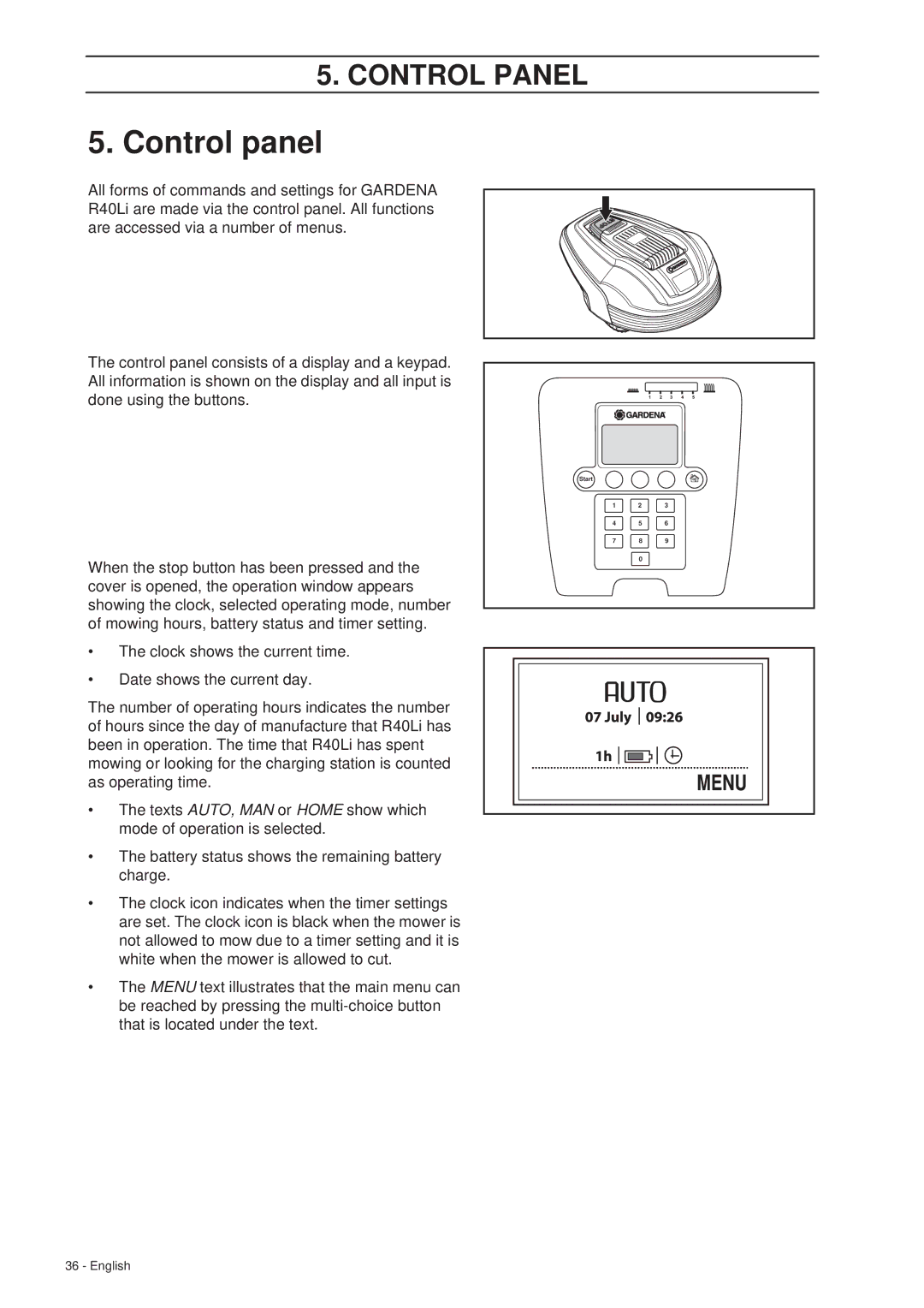 Gardena R40Li manual Control panel 