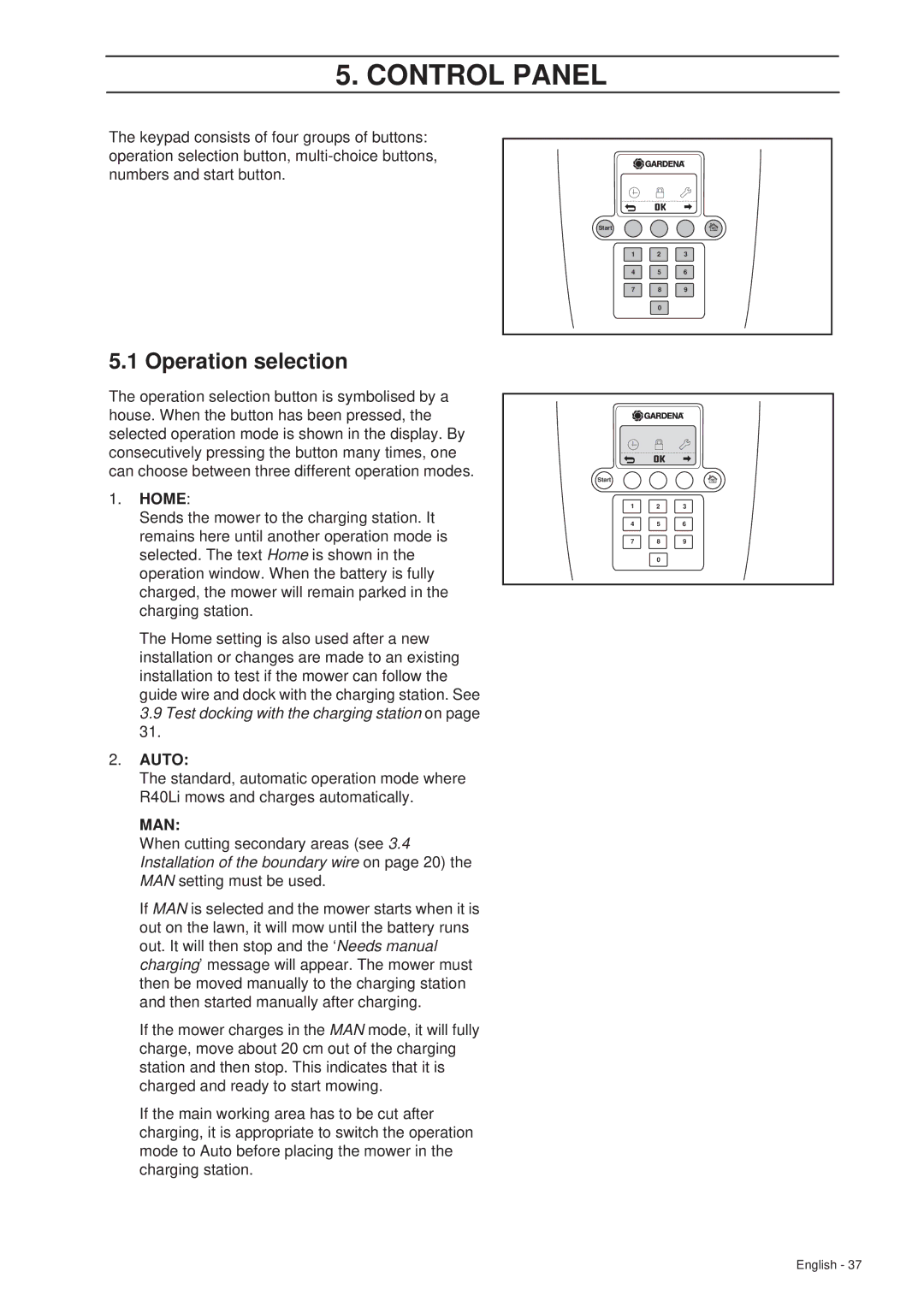 Gardena R40Li manual Operation selection, Home, Auto 