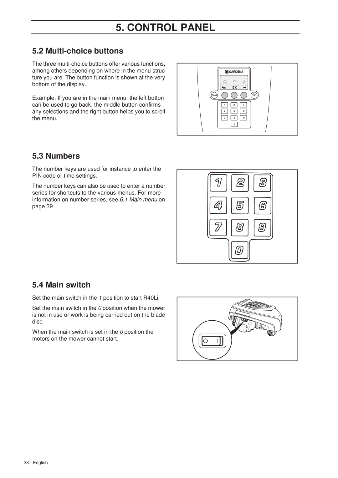 Gardena R40Li manual Multi-choice buttons, Numbers, Main switch 