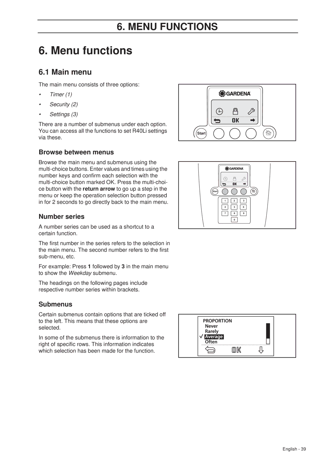 Gardena R40Li manual Menu functions, Main menu, Browse between menus, Number series, Submenus 