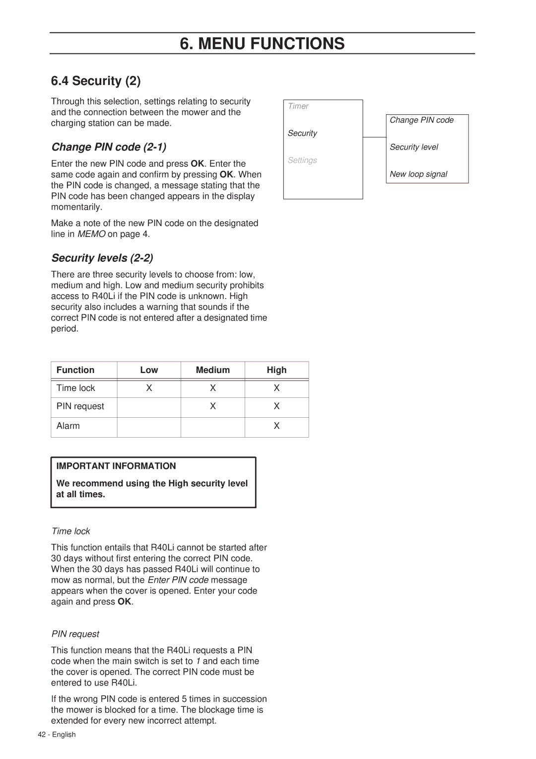 Gardena R40Li manual Security, Function Low Medium High, We recommend using the High security level at all times, Time lock 