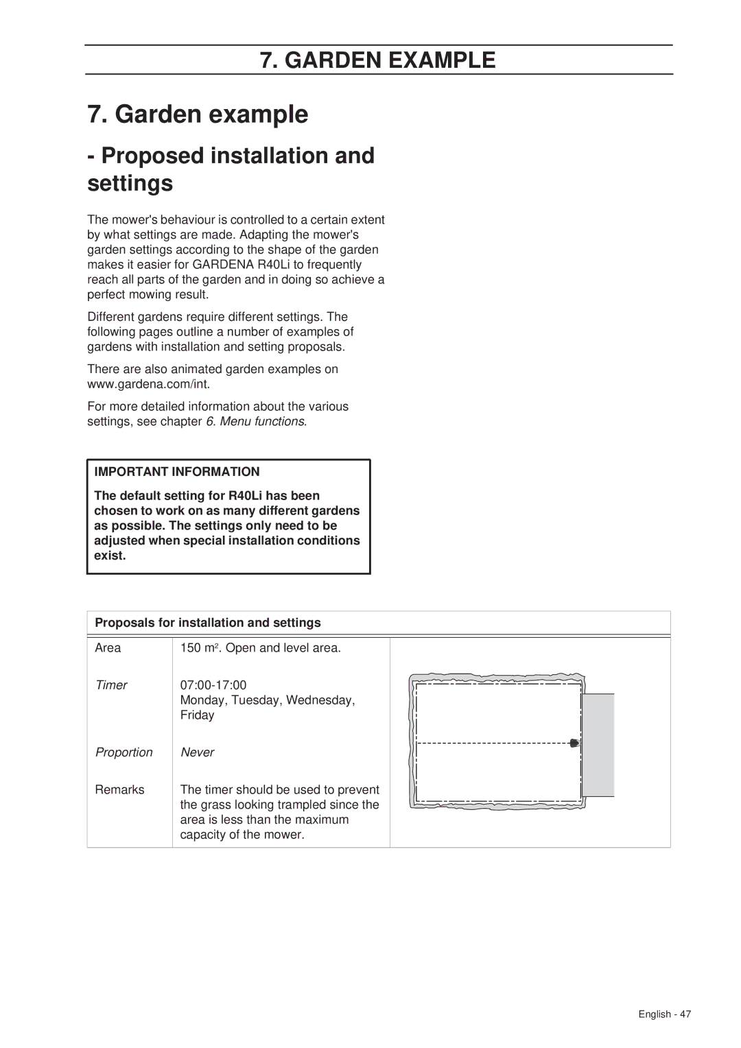 Gardena R40Li manual Garden example, Timer Proportion, Never 