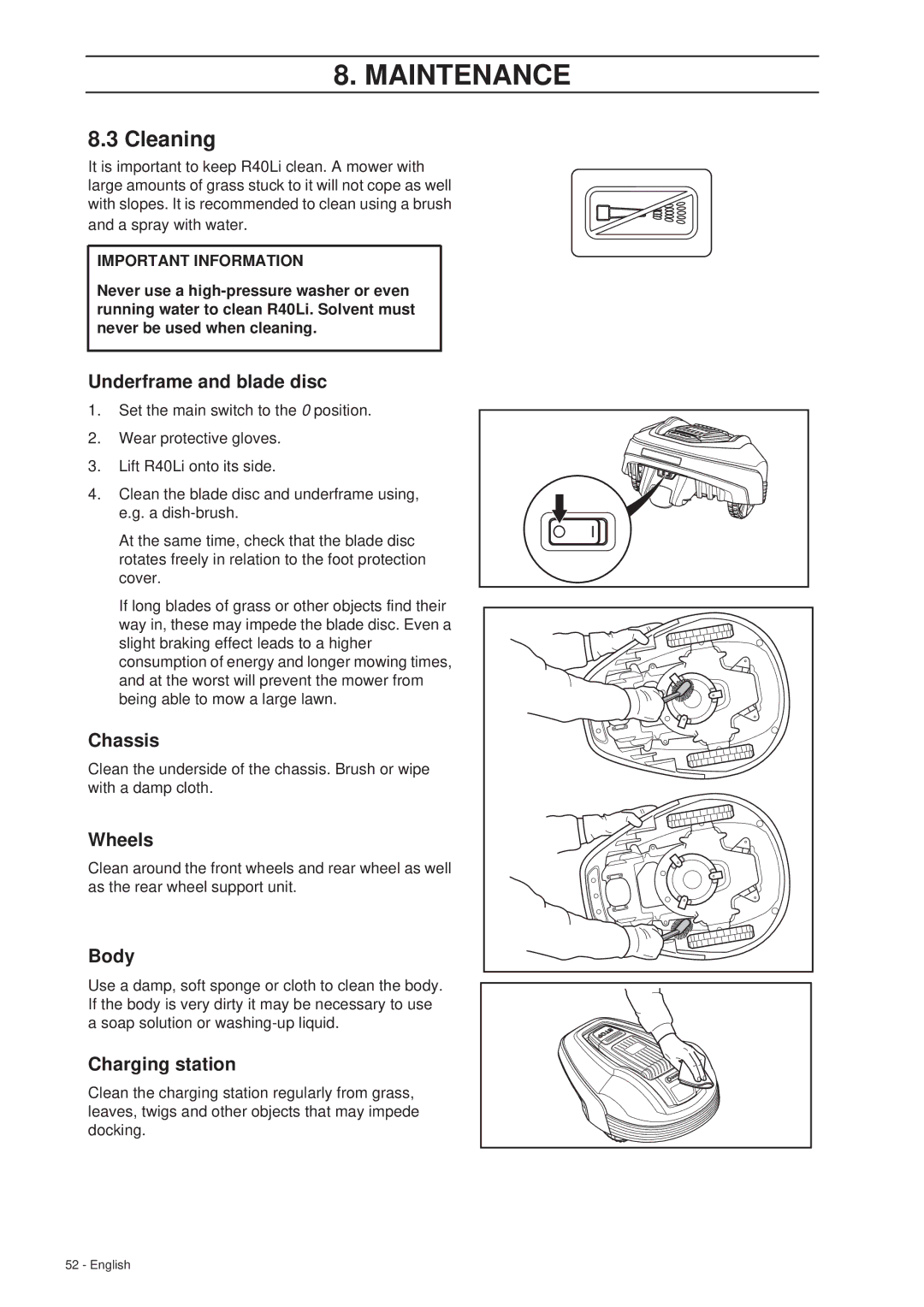 Gardena R40Li manual Cleaning, Underframe and blade disc, Chassis, Wheels, Body 