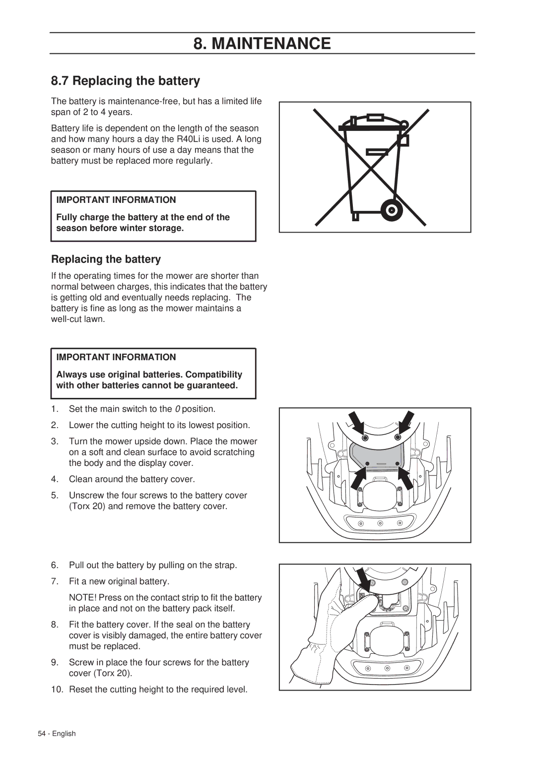 Gardena R40Li manual Replacing the battery 