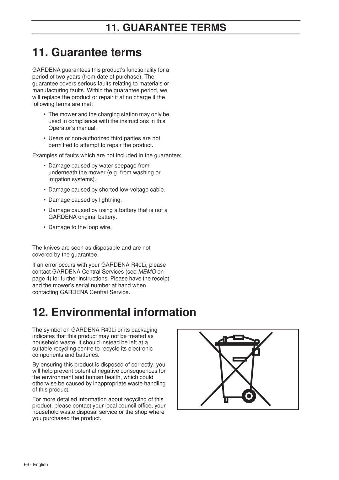 Gardena R40Li manual Guarantee terms, Environmental information 