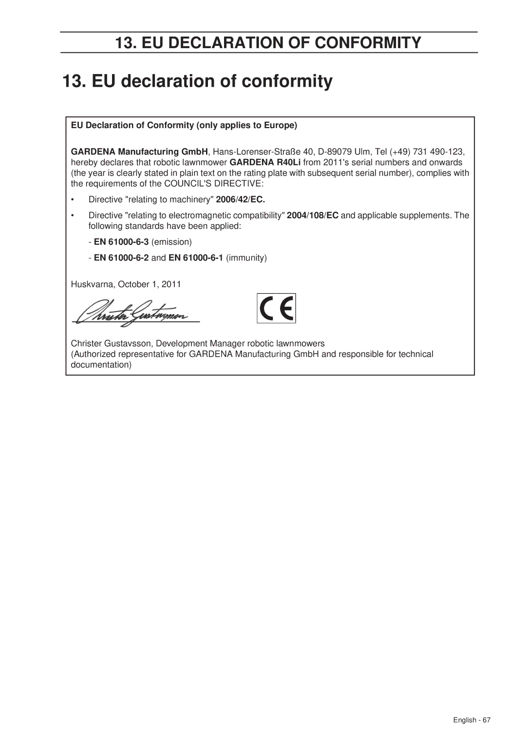 Gardena R40Li manual EU declaration of conformity, EU Declaration of Conformity only applies to Europe 