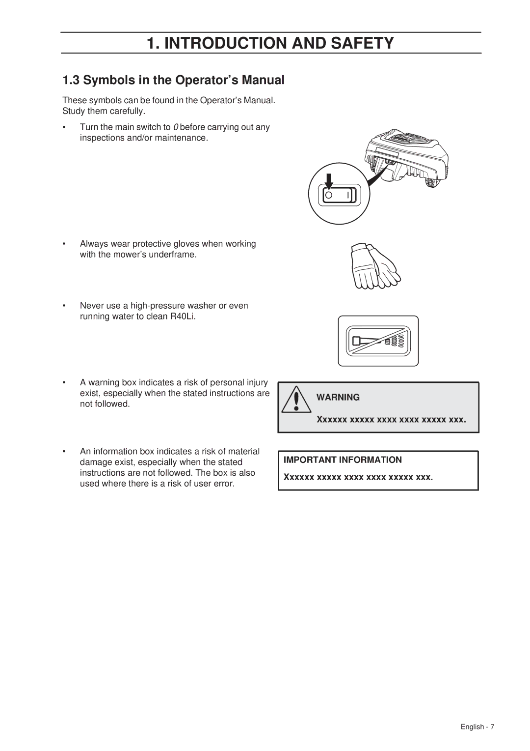 Gardena R40Li manual Symbols in the Operator’s Manual, Xxxxxx xxxxx xxxx xxxx xxxxx 