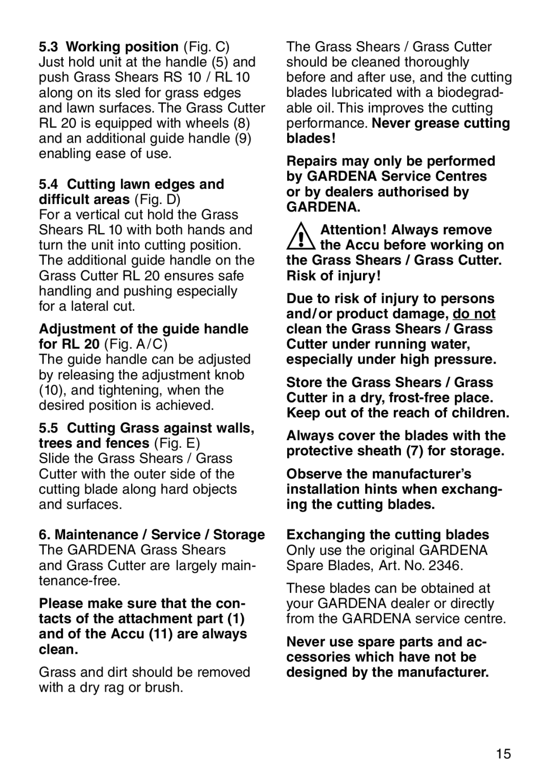 Gardena RL 20, RL 10, RS 10 manual Working position Fig. C, Cutting lawn edges and difficult areas Fig. D 