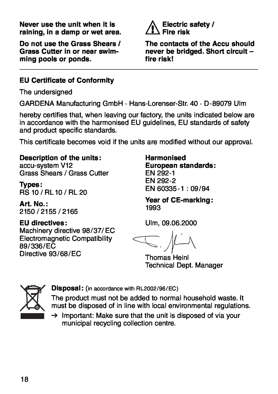 Gardena RL 20, RL 10, RS 10 manual Electric safety AFire risk 