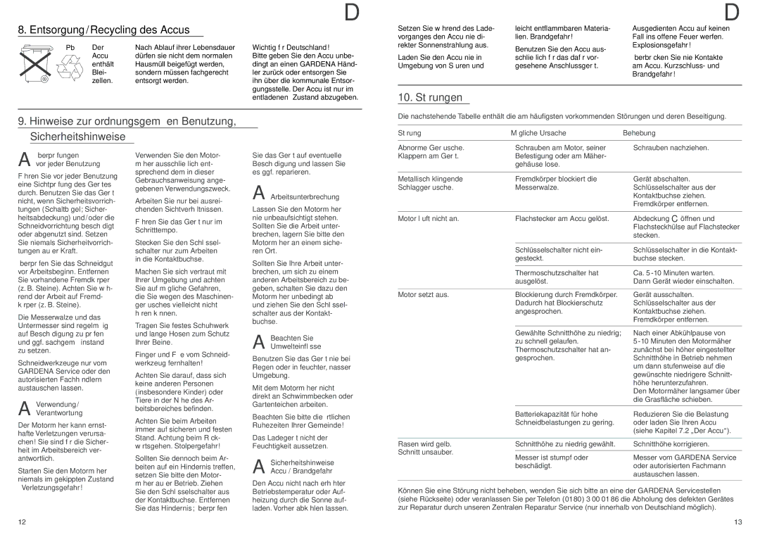 Gardena RM 380 manual Entsorgung/Recycling des Accus 