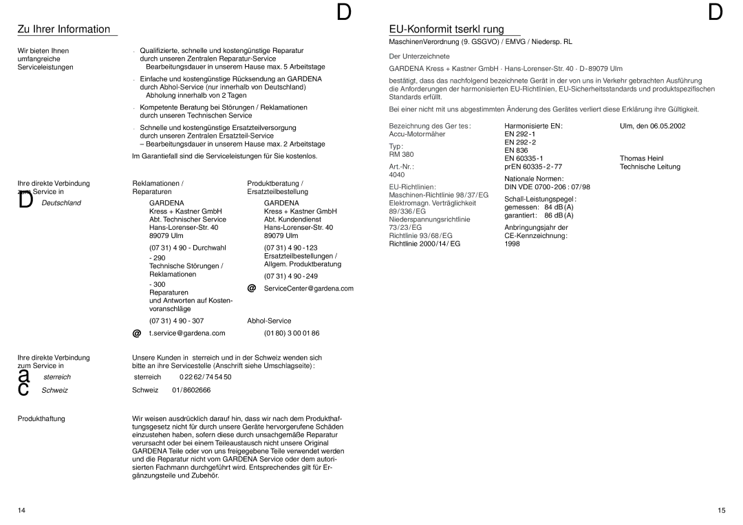 Gardena RM 380 manual Zu Ihrer Information, EU-Konformitätserklärung, Bezeichnung des Gerätes, Typ Art.-Nr 