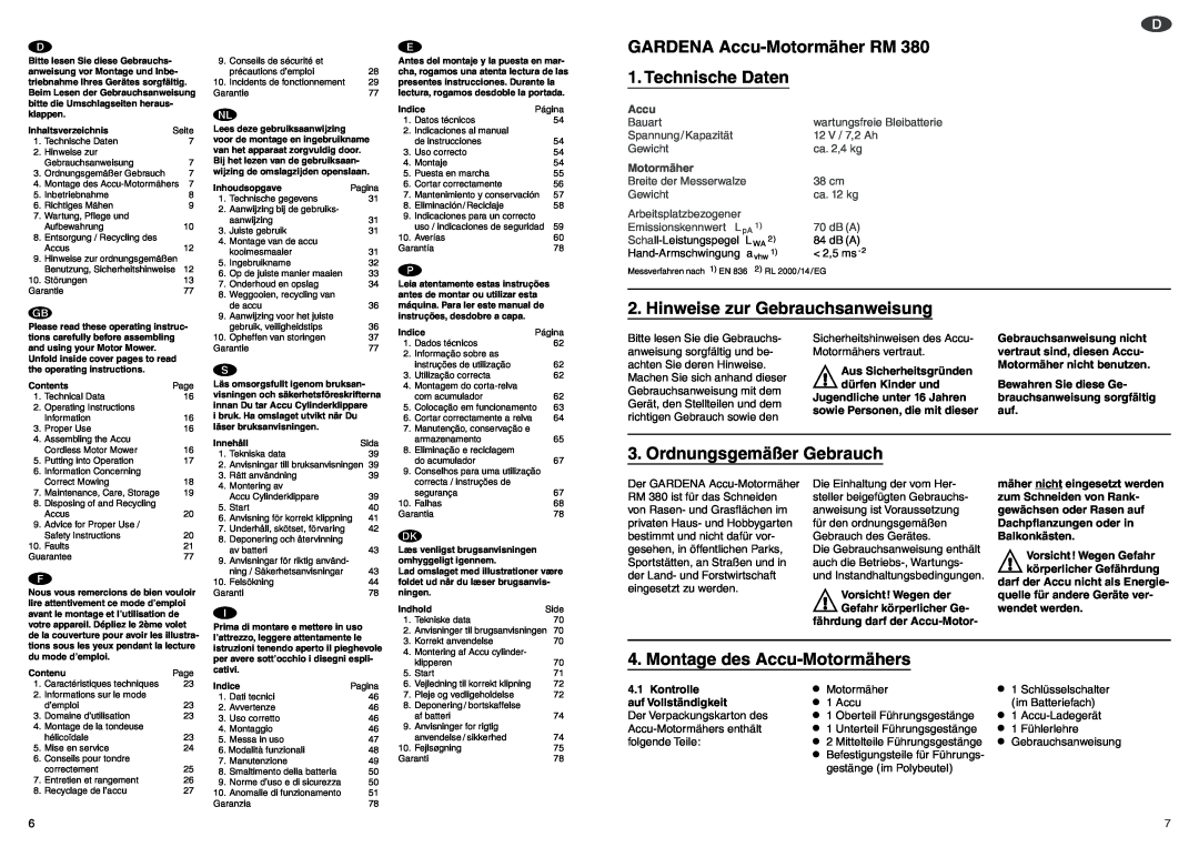 Gardena RM 380 GARDENA Accu-MotormäherRM 1. Technische Daten, Hinweise zur Gebrauchsanweisung, Ordnungsgemäßer Gebrauch 