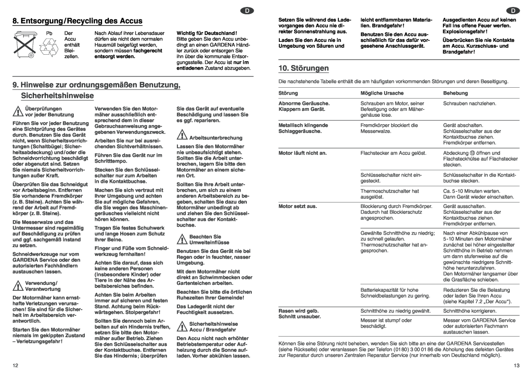 Gardena RM 380 manual Entsorgung/Recycling des Accus, 10. Störungen 