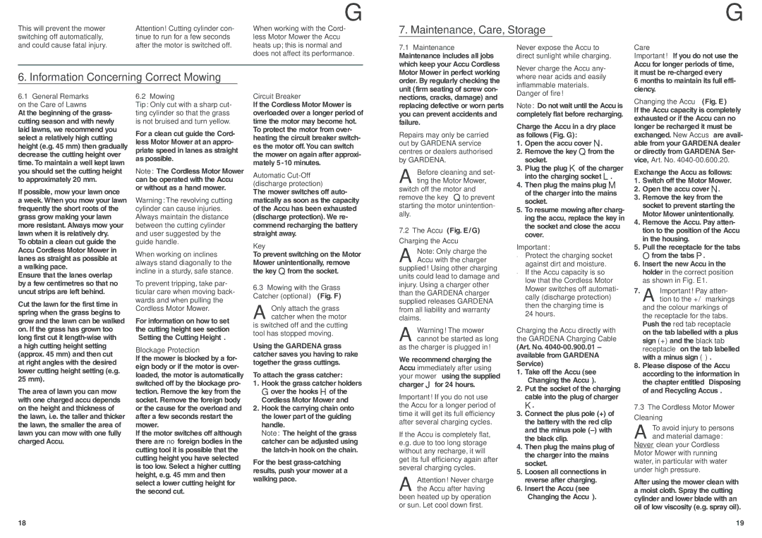 Gardena RM330 manual Maintenance, Care, Mowing, Blockage Protection, Circuit Breaker, Key, Charging the Accu 