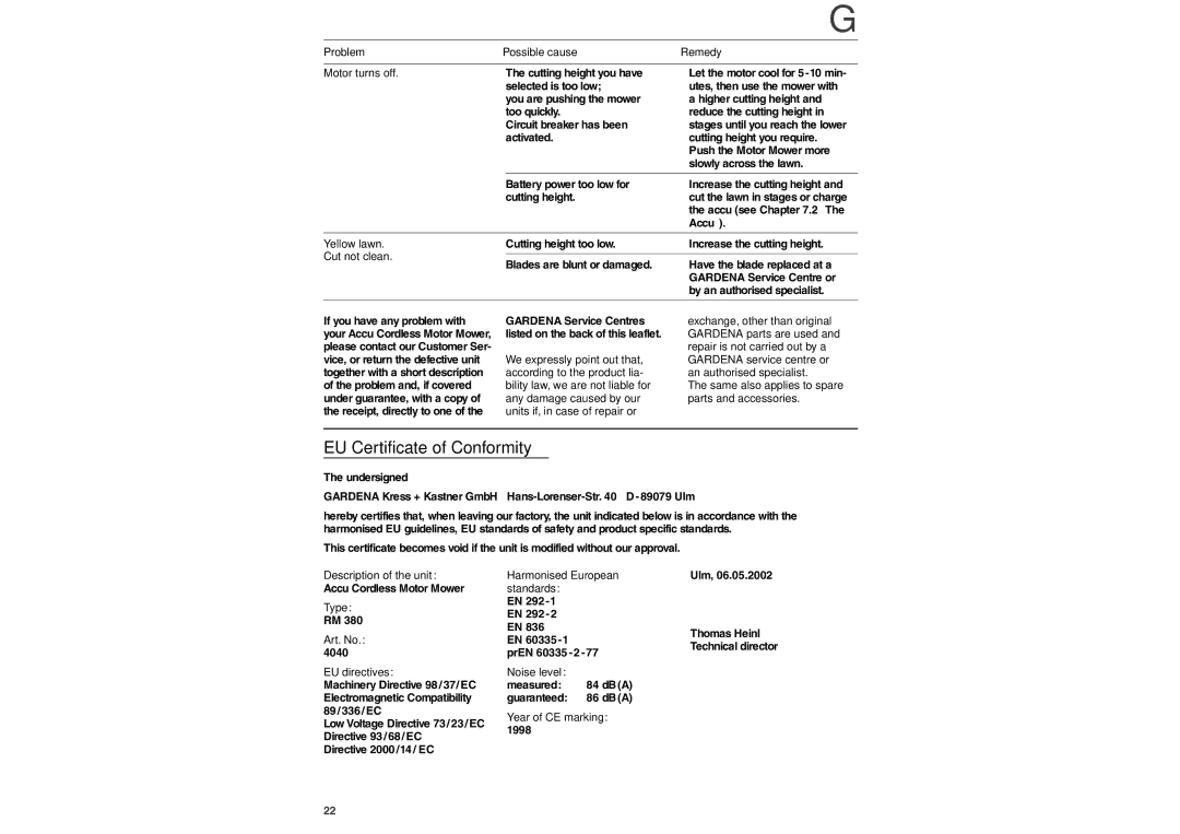 Gardena RM330 manual EU Certificate of Conformity 