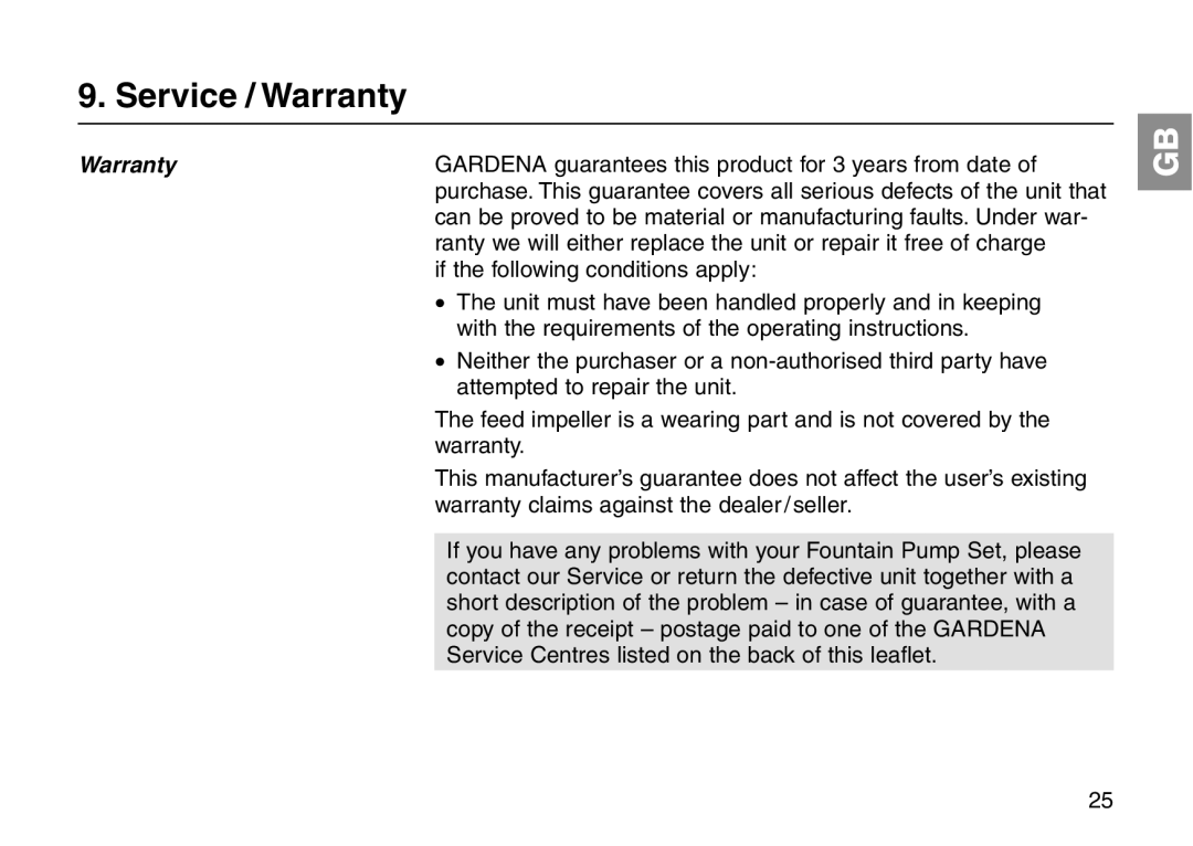 Gardena RP 300, RP 420, RP 600, RP 240 operating instructions Service / Warranty 