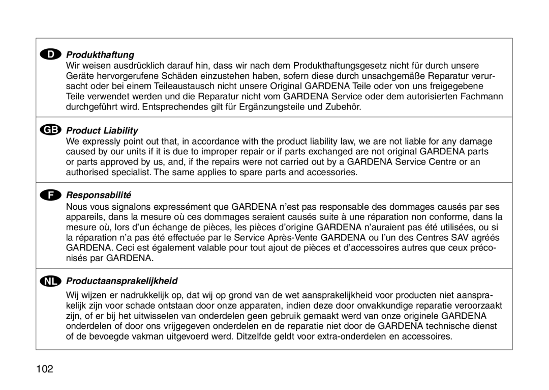Gardena RP 600, RP 300, RP 420, RP 240 operating instructions 102, Produkthaftung 