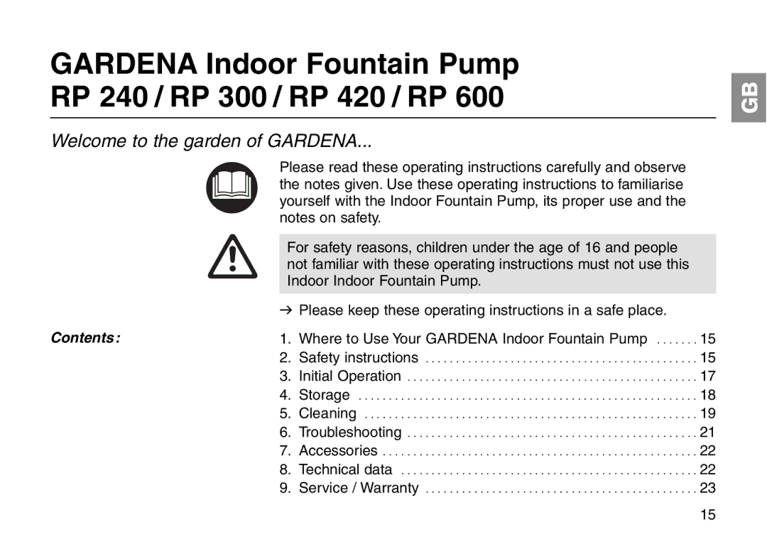 Gardena RP 600 operating instructions Gardena Indoor Fountain Pump RP 240 / RP 300 / RP 420 / RP, Contents 