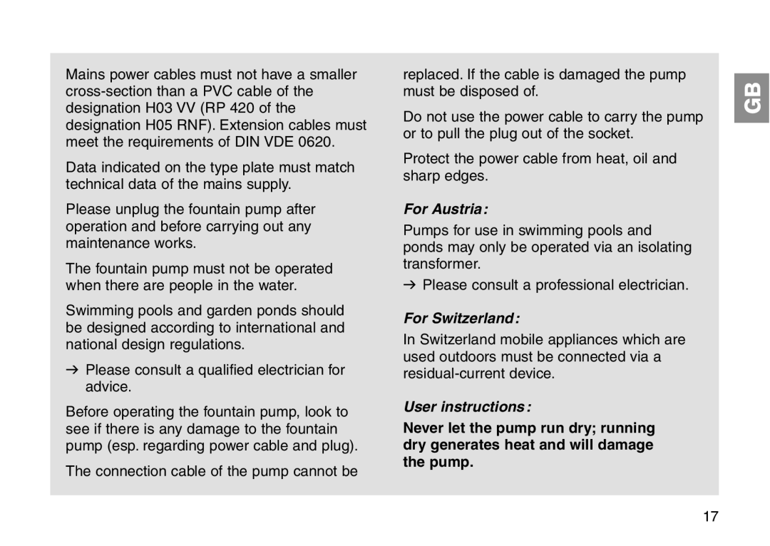 Gardena RP 300, RP 420, RP 600, RP 240 operating instructions For Austria, For Switzerland, User instructions 