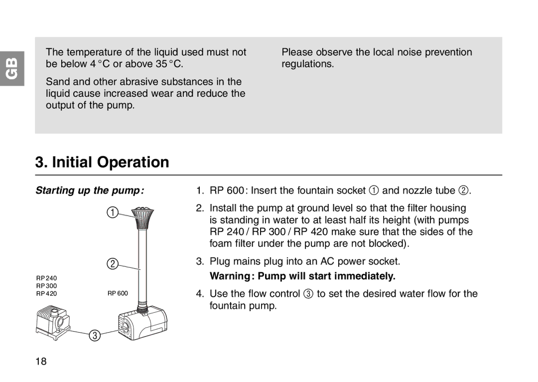 Gardena RP 420, RP 300, RP 600, RP 240 operating instructions Initial Operation, Starting up the pump 