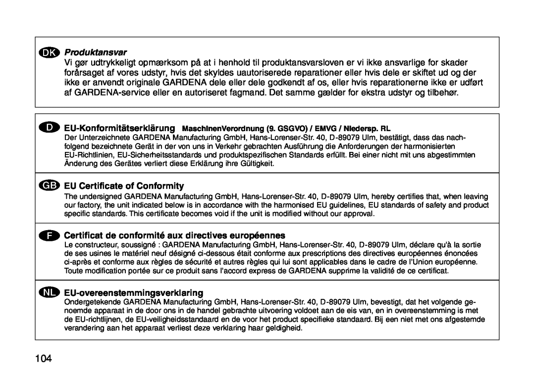 Gardena RP 240, RP 300, RP 420, RP 600 K Produktansvar, G EU Certificate of Conformity, N EU-overeenstemmingsverklaring 