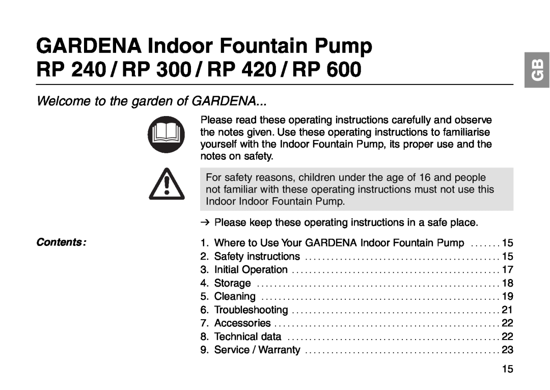 Gardena RP 600 GARDENA Indoor Fountain Pump, RP 240 / RP 300 / RP 420 / RP, Welcome to the garden of GARDENA, Contents 