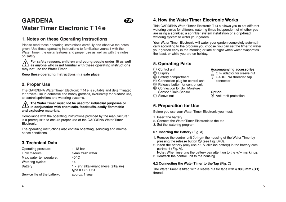 Gardena T 14 e Proper Use, How the Water Timer Electronic Works, Operating Parts, Preparation for Use, Technical Data 