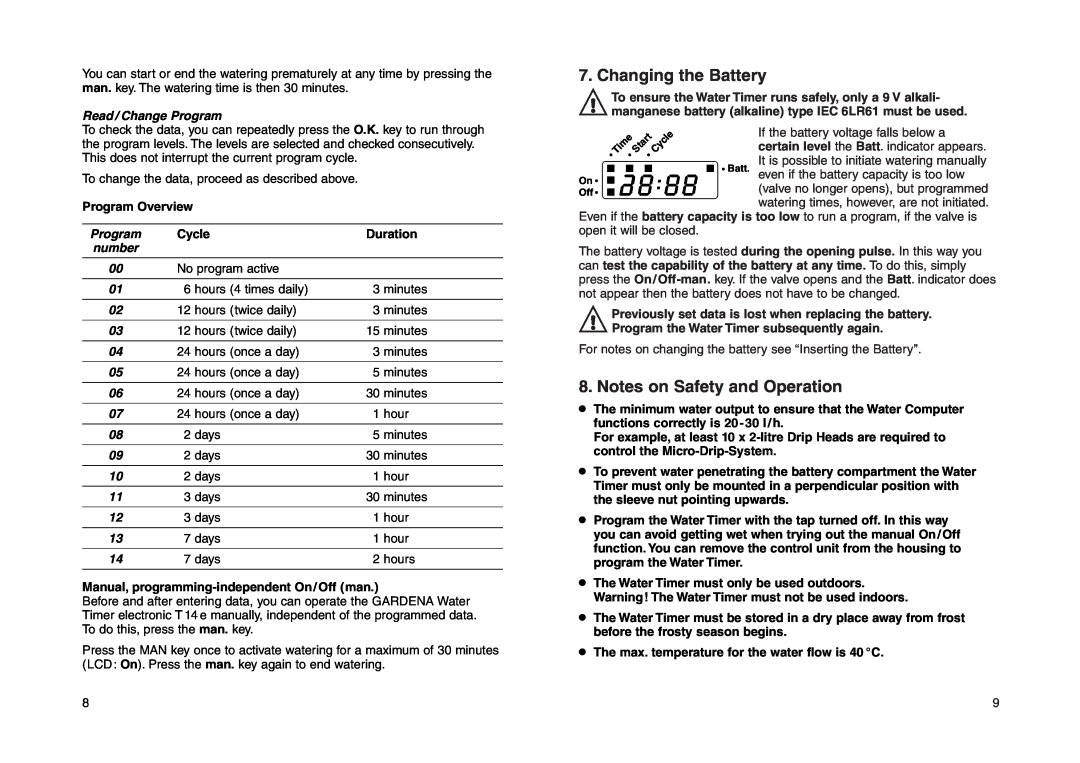 Gardena T 14 e operating instructions Changing the Battery, Notes on Safety and Operation, Read / Change Program, number 