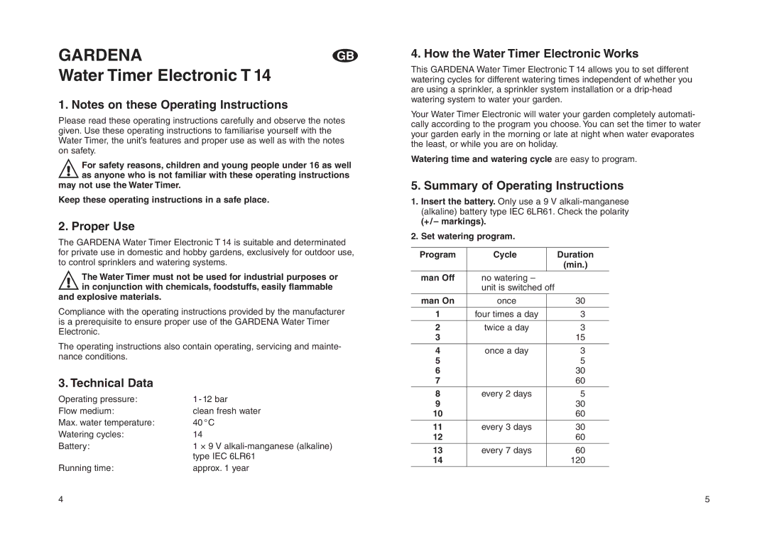 Gardena T14 Proper Use, Technical Data, How the Water Timer Electronic Works, Summary of Operating Instructions 