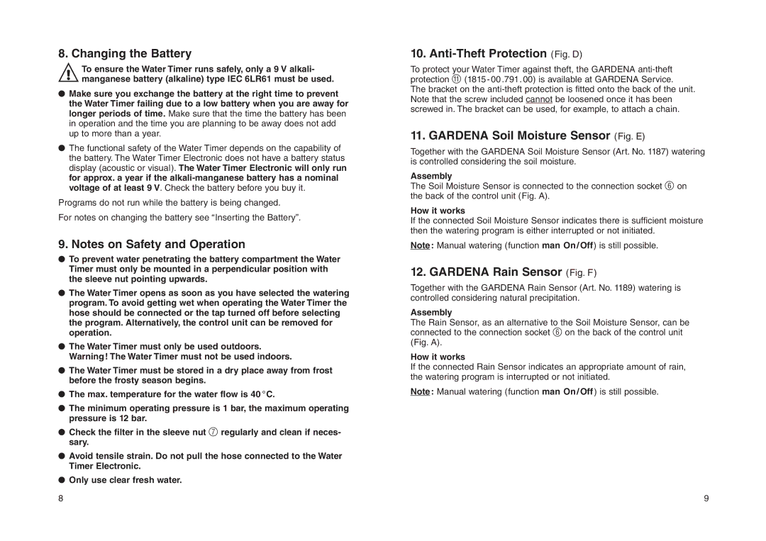 Gardena T14 operating instructions Changing the Battery, Anti-Theft Protection Fig. D, Gardena Soil Moisture Sensor Fig. E 