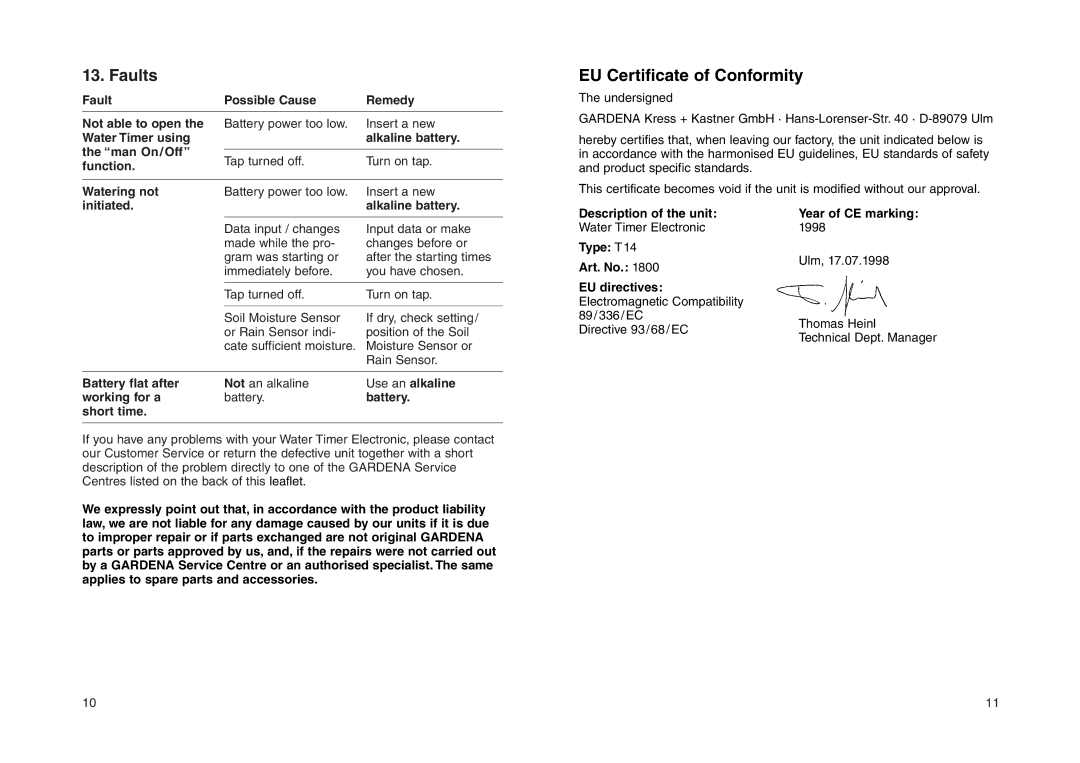 Gardena T14 operating instructions Faults, EU Certificate of Conformity 