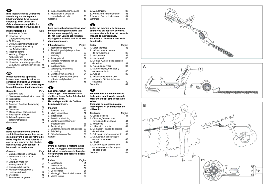 Gardena THS 42 operating instructions Inhoudsopgave 