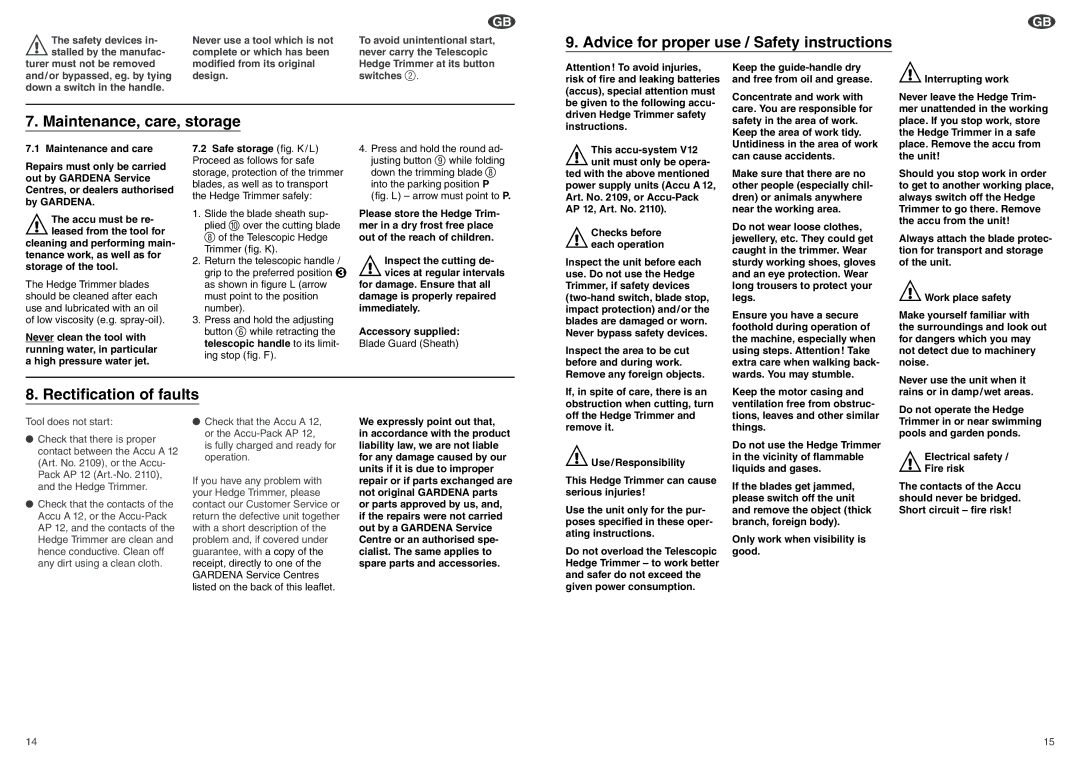 Gardena THS 42 operating instructions Advice for proper use / Safety instructions 