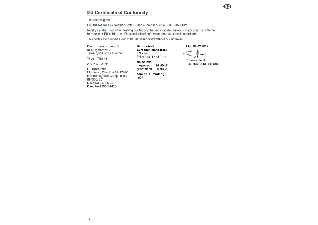 Gardena THS 42 operating instructions EU Certificate of Conformity 