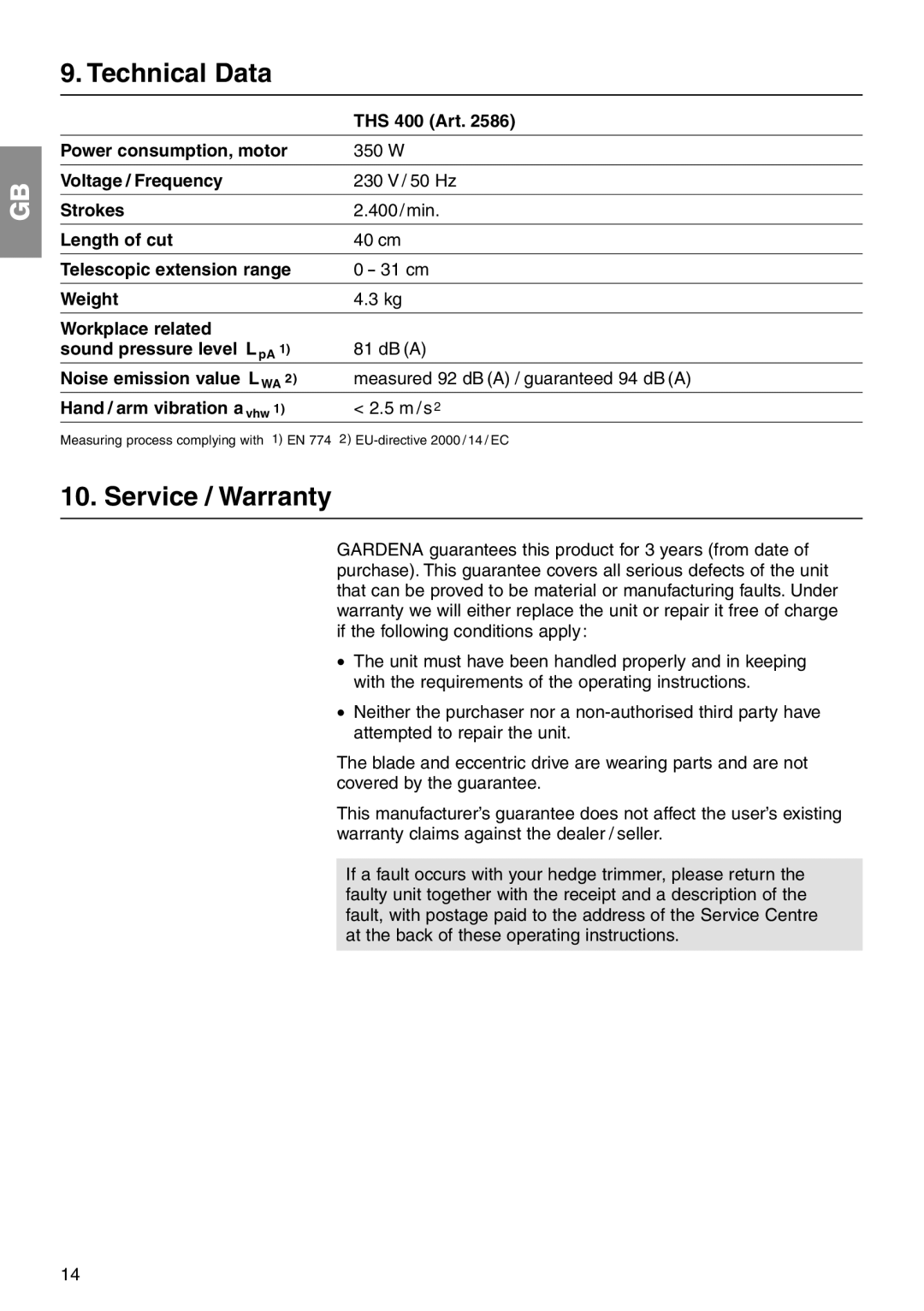 Gardena THS400 manual Technical Data, Service / Warranty 