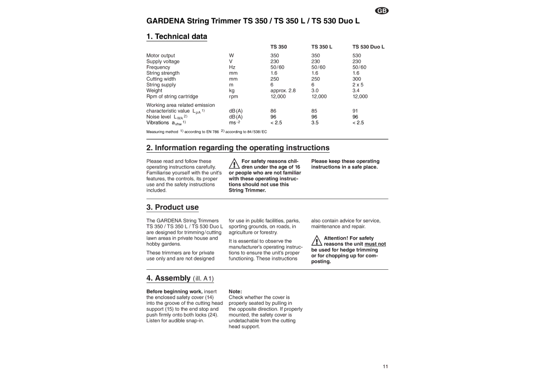 Gardena TS 350 L, TS 530 Duo L Information regarding the operating instructions, Product use, Assembly ill. A1 