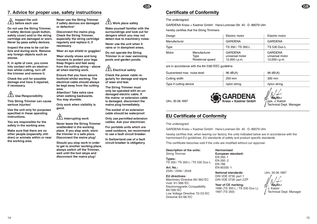 Gardena TS 350 L, TS 530 Duo L operating instructions EU Certificate of Conformity 