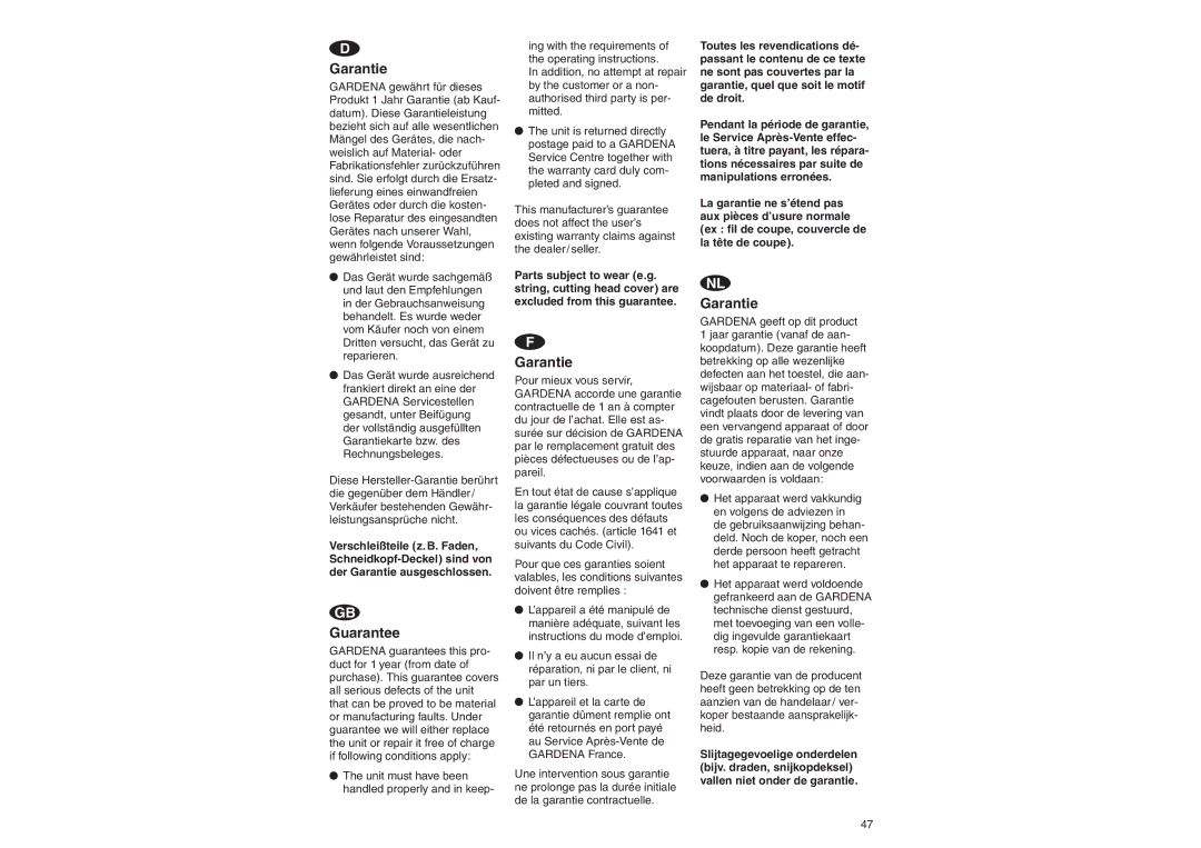 Gardena TS 350 L, TS 530 Duo L operating instructions Garantie 