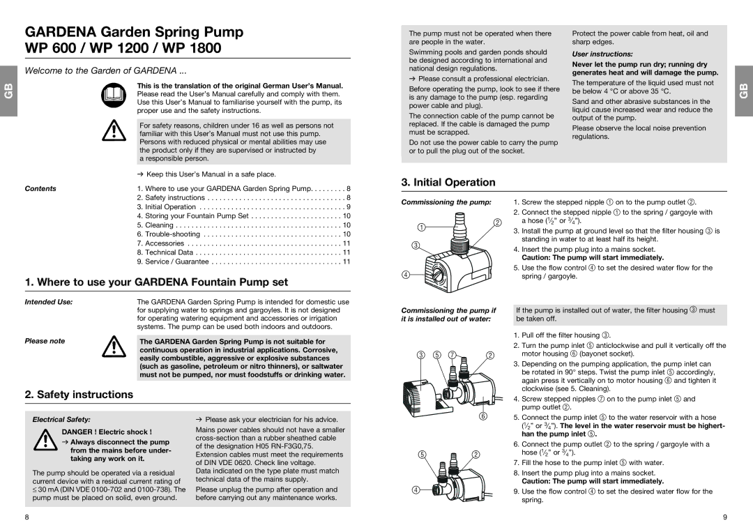 Gardena WP 1200, WP 1800, WP 600, 7632 Initial Operation, Where to use your Gardena Fountain Pump set, Safety instructions 