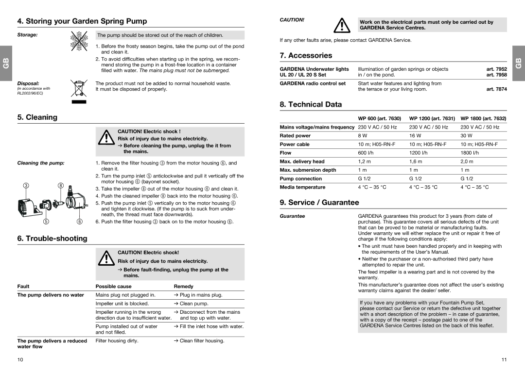 Gardena 7632 Storing your Garden Spring Pump, Accessories, Technical Data Cleaning, Service / Guarantee, Trouble-shooting 