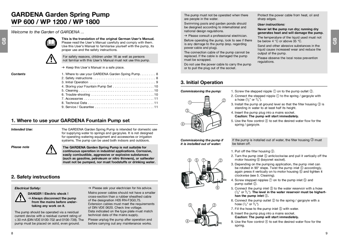 Gardena WP 600, WP1200, WP 1800 Initial Operation, Where to use your Gardena Fountain Pump set, Safety instructions 