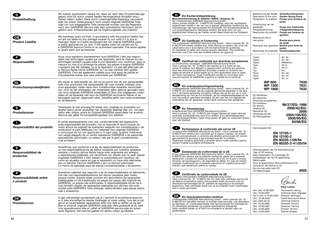 Gardena WP 1800 Produkthaftung, Product Liability, Responsabilité, Productaansprakelijkheid, Produktansvar, Productos 