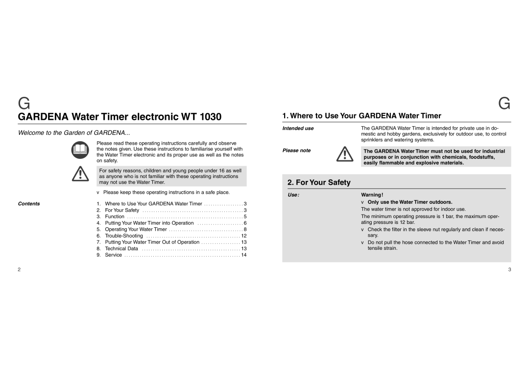 Gardena WT1030 Where to Use Your Gardena Water Timer, For Your Safety, Intended use Please note, Contents 